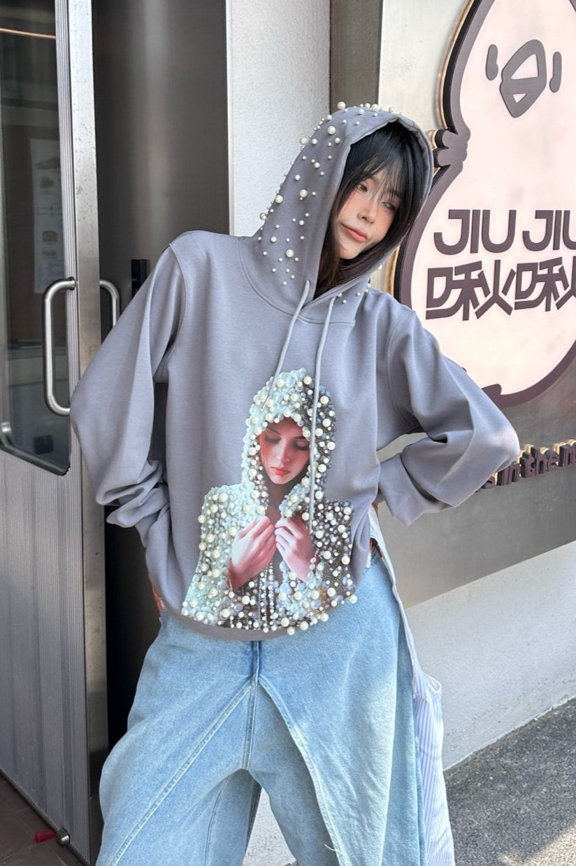 Beaded Graphic Print Edgy Streetwear Hooded Oversized Hoodie