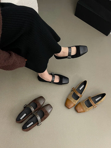 Mocasines Mary Jane de punta redonda para mujer, recién llegados en 2024, planos de moda, negros, marrones y beige, con diseño de remaches, zapatos casuales de diario para mujer, tallas 35-39 