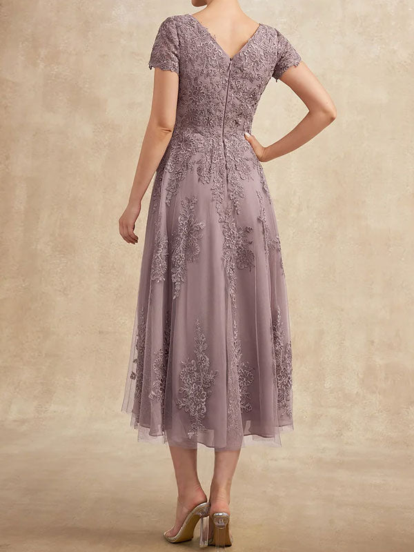 A-Linien-Kleid aus Tüllspitze mit Rundhalsausschnitt und Teelänge für die Mutter der Braut 