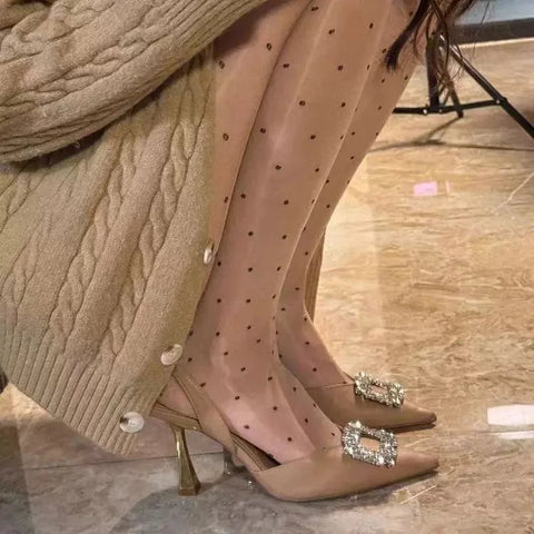 Nude colored pointed high heels new French style socialite real leather bun toe thin heels back hollow rhinestone sandals