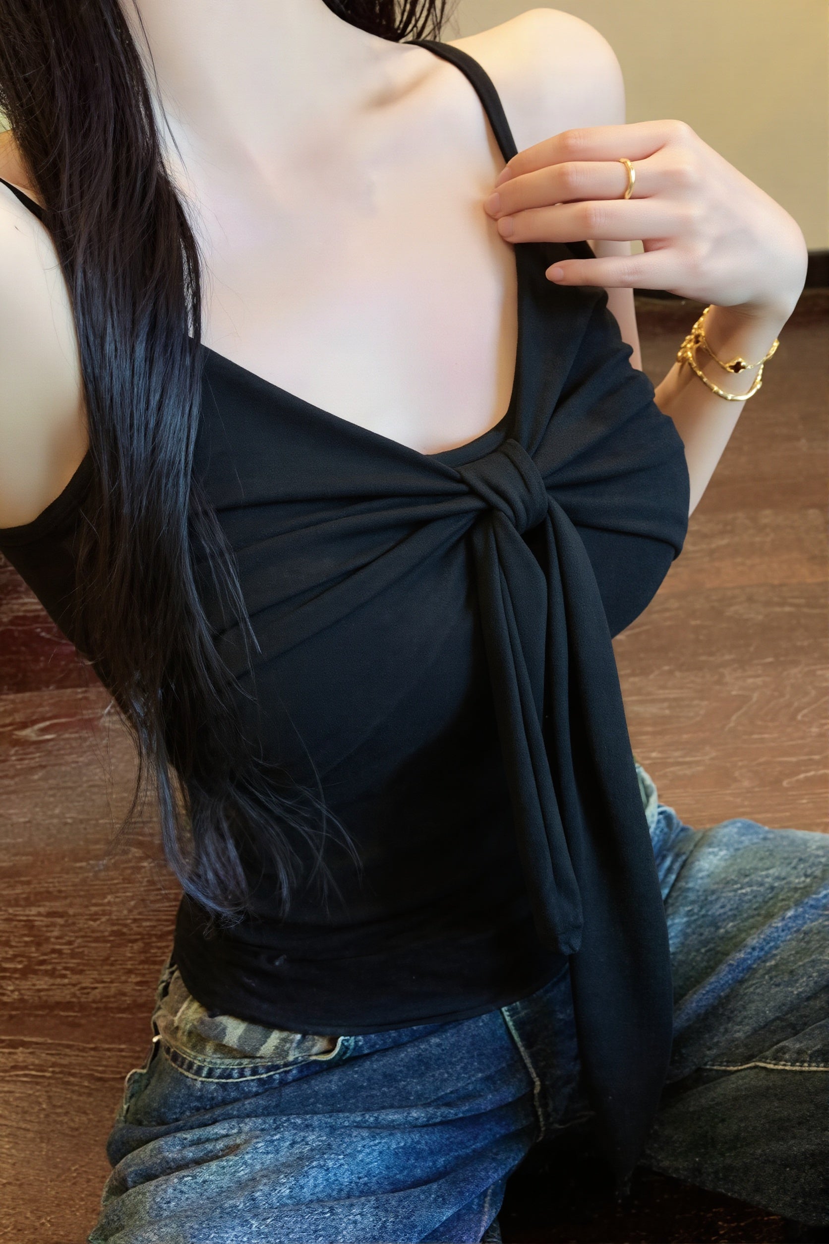 V Neck Bow Ruffle Padded Cami Top