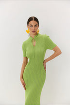 Candy Color Round Neck Short Sleeve Bodycon Knitted Maxi Dress