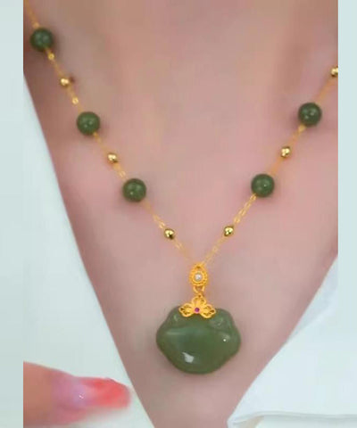 Vintage Grüne Sterling Silber Overgilt Jade Sicherheitsverschluss Anhänger Halskette 
