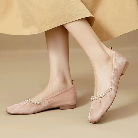 Zapatos planos con punta cuadrada y cuentas para mujer, zapatos de ballet elegantes y poco profundos con suela suave para baile, zapatos de fiesta de otoño 2024, zapatos cómodos. 