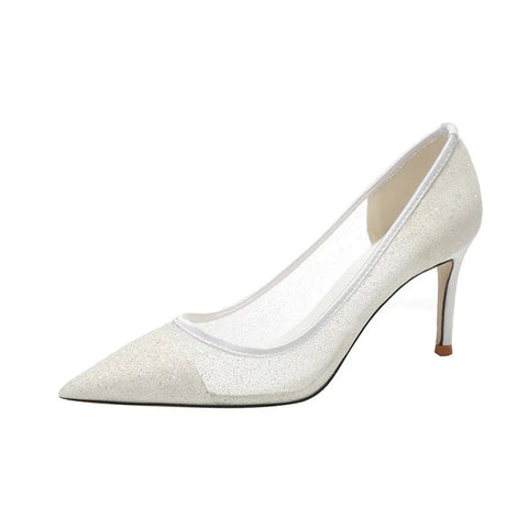 Mesh pointed high heels for women's new sexy lace white wedding shoes banquet dress champagne color bridesmaid shoes