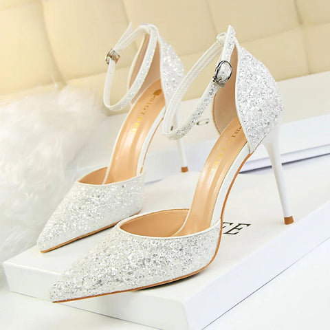 summer new European style stiletto heels shallow mouth pointed head sequins sexy nightclub show thin sandals for women