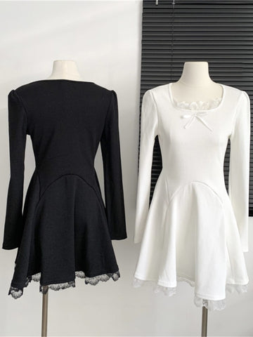 Süßes gestricktes Minikleid für Frauen, Langarm, Schleife, Spitze, quadratischer Kragen, Herbst, Frühling, A-Linie, Party, Robe, koreanische Y2K-Mode, Vestidos 