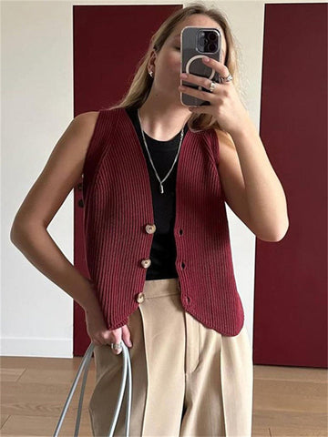 Camiseta sin mangas informal de punto con cuello en V para mujer, nueva camiseta abotonada, sin mangas, ajustada, para salir a la playa y vacaciones, 2024 