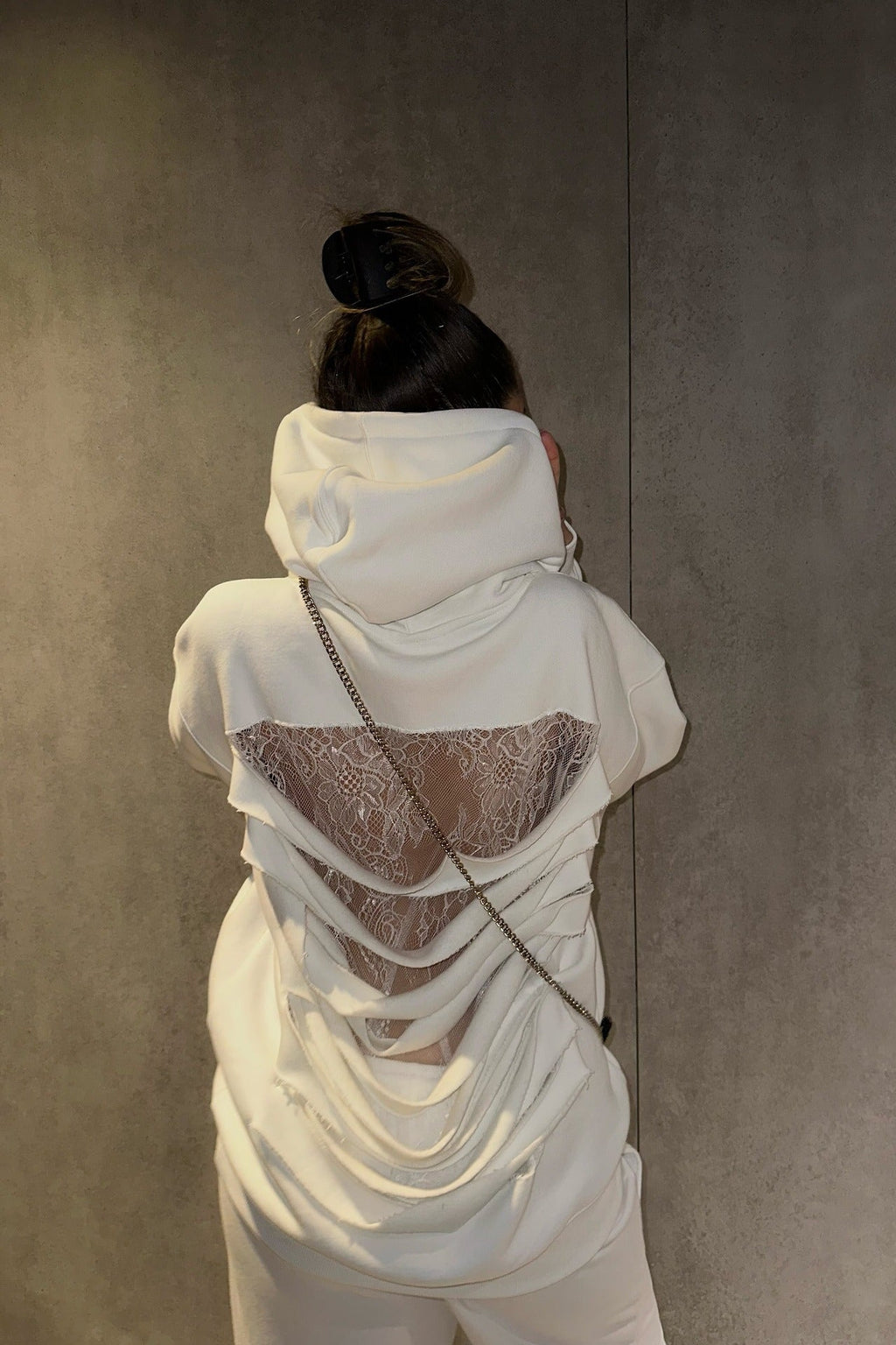 Lace Sheer Cutout Patchwork Hoodie