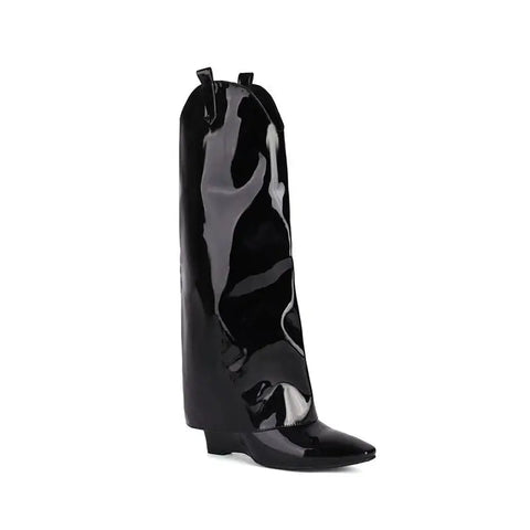 Botas altas hasta la rodilla de charol blanco para mujer, con cuña y tacón, sin cordones, negras y rojas, diseño de pantalones, talla grande 45 