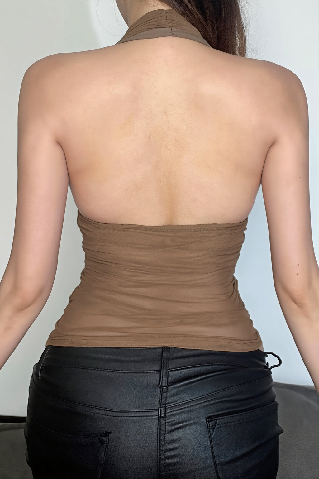 Solid Mesh Button Cropped Halter Top
