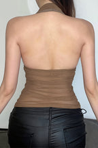 Solid Mesh Button Cropped Halter Top
