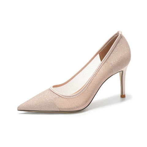 Mesh pointed high heels for women's new sexy lace white wedding shoes banquet dress champagne color bridesmaid shoes