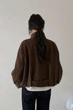 Short Cuffed Check Pieced Stand Collar Wool Coat