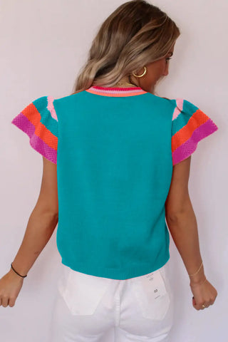 turquoise flutter sleeve knitted sweater