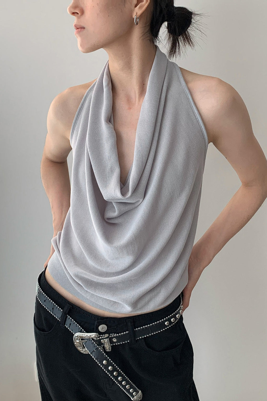 Elegant Solid Draped Neck Halter Top