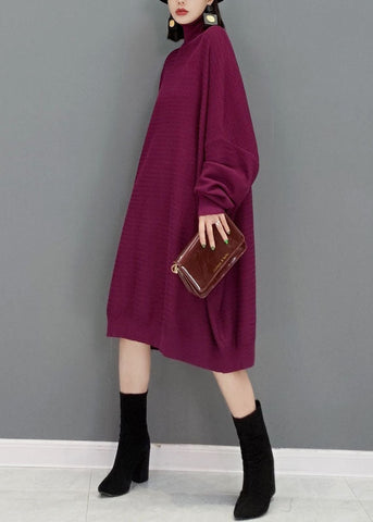 Vestido de suéter de punto de cuello alto verde de moda otoño