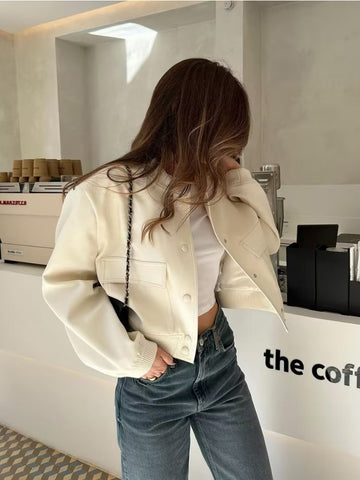 Tossy Fashion High Street Pocket Outwear für Frauen Patchwork Mode Langarm Strickjacke Hohe Taille Cropped Damen Jacken Mantel 