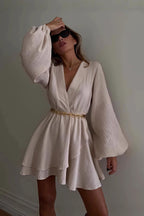 Fashion Solid Color Waist Cinching Mini Dress
