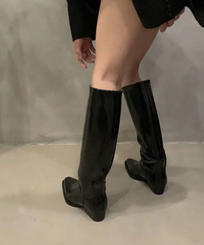 Französische schwarze Ritterstiefel mit spitzer Zehenpartie für Herbst und Winter 