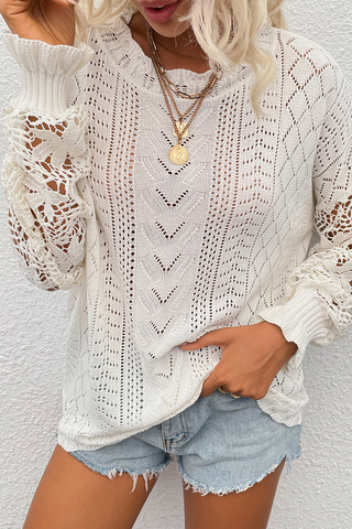 Casual Solid Lace Hollowed Out O Neck Tops Sweater(4 Colors)