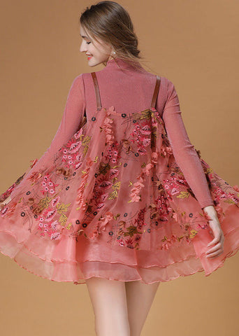 Hermoso conjunto de dos piezas de organza bordada con cuello de tortuga rosa para primavera 