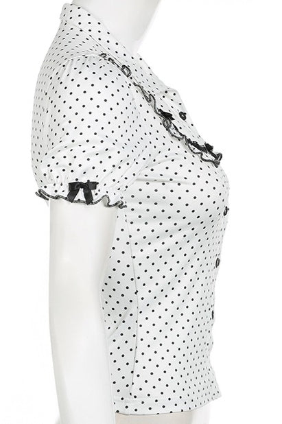 Lapel Button Bow Polka Dot Blouse