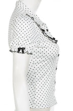 Lapel Button Bow Polka Dot Blouse