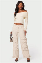 Solid Color Off-Shoulder Boat Neck Long-Sleeve Knit Top