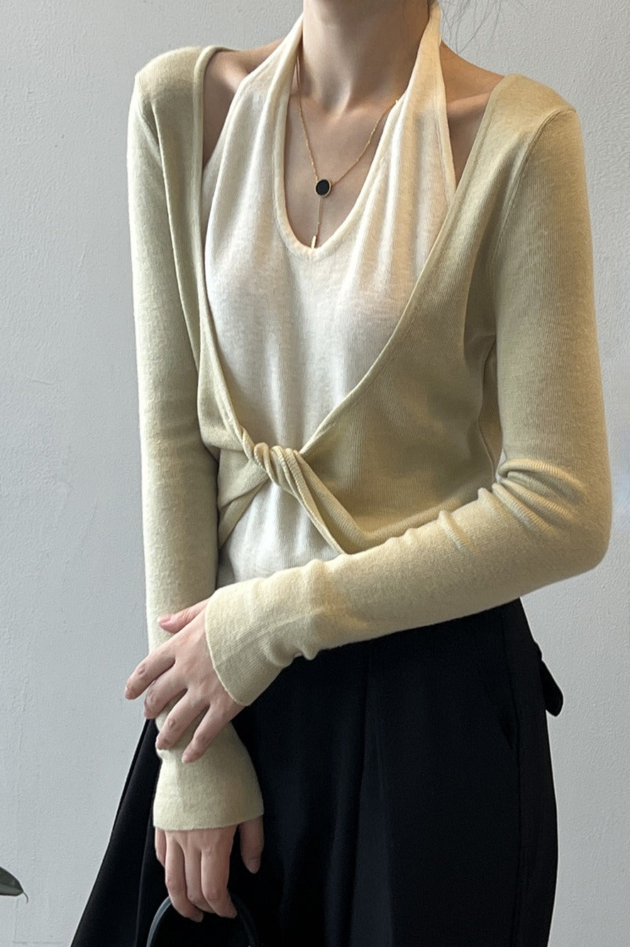 Patchwork Layered Halter Long Sleeve Tee