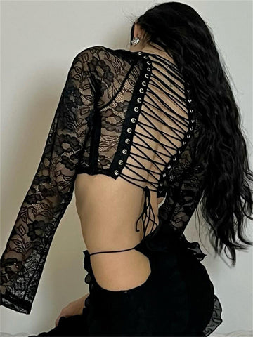 Tossy Schwarzes Spitzen-Crop-Top mit Hohlsaum, bedruckt, langärmelig, Patchwork, rückenfrei, Schnürung, Y2k-Top, Damen, sexy Sommer-T-Shirt 