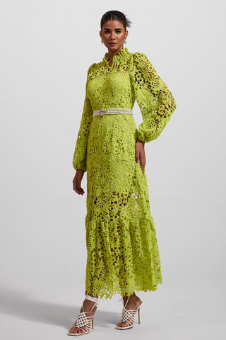 Vestido midi de manga larga con bordado de encaje verde 