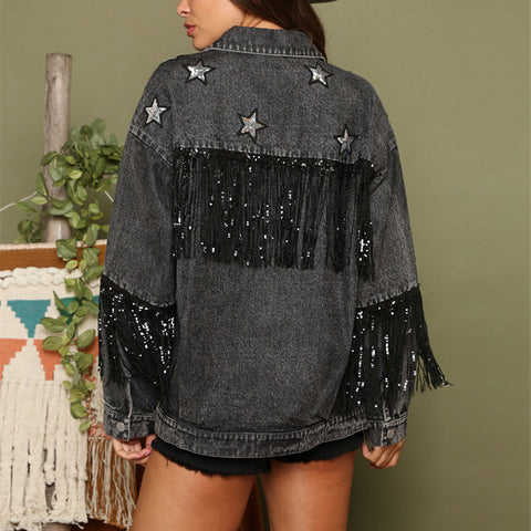 Chaqueta vaquera con borlas y estampado de estrellas para otoño e invierno, para mujer