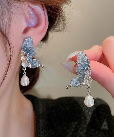 Pendientes de plata de ley azul con circonitas, perlas y cristales, con forma de mariposa y gotas de agua. 