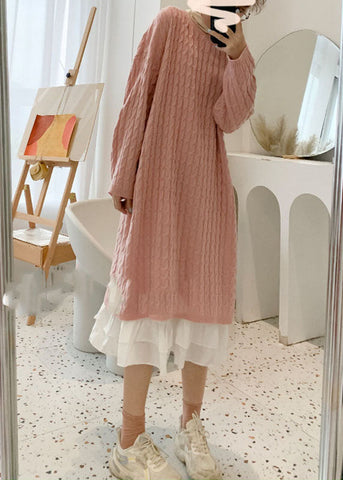 Style Pink O-Neck Cozy Cotton Knit Sweater Dress Fall