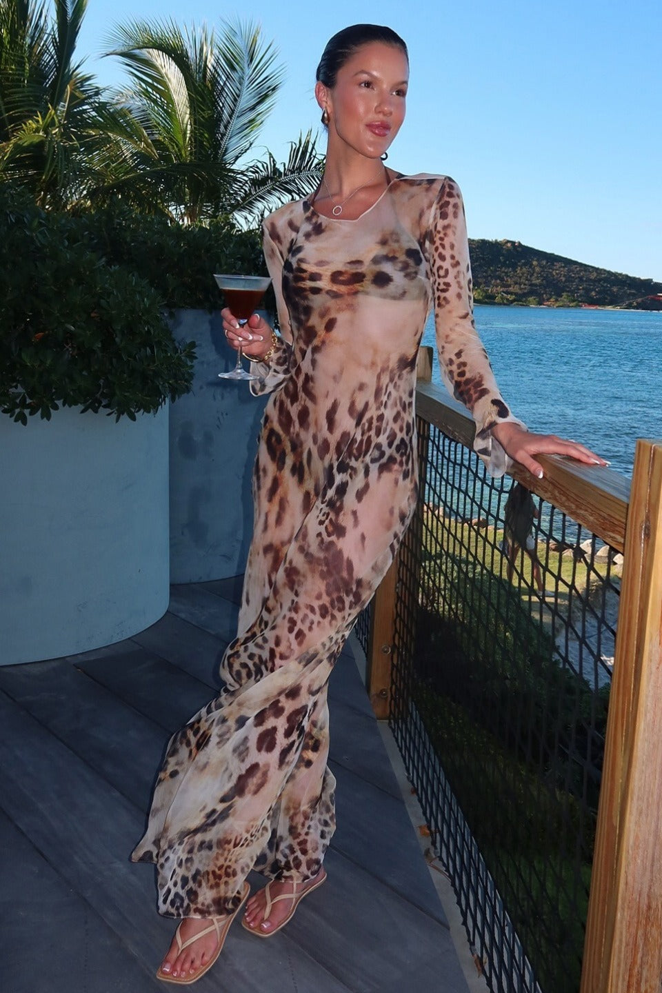 Round Neck Long Sleeve Leopard Print Bodycon Maxi Dress