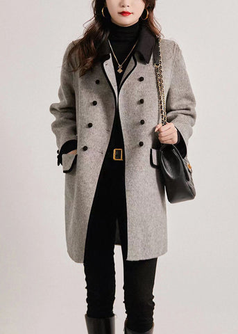 Abrigos de lana con patchwork y bolsillos dobles en el pecho en gris francés para otoño 