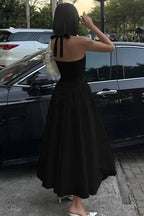 Silky Hollow V-Neck Flowy Pendulum Maxi Dress