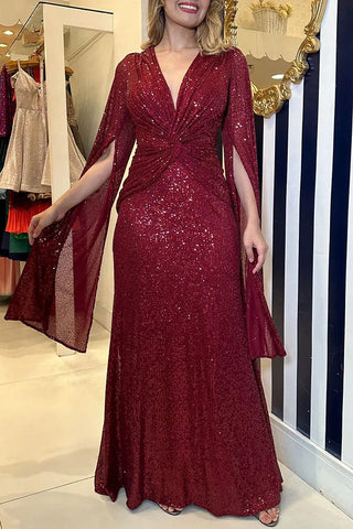Vestido largo de noche con cintura cruzada y mangas estilo capa con lentejuelas más brillantes 