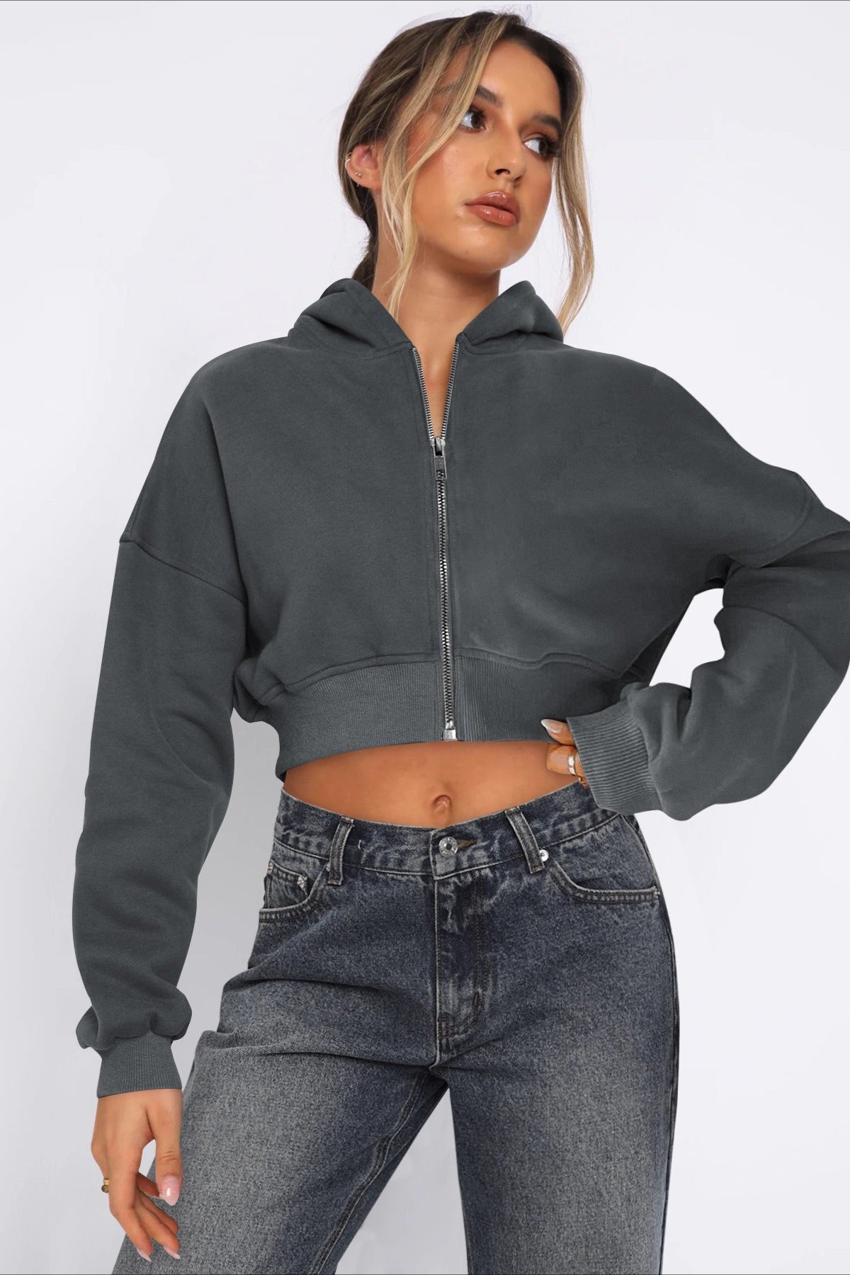 Cropped Zip Up Hoodie