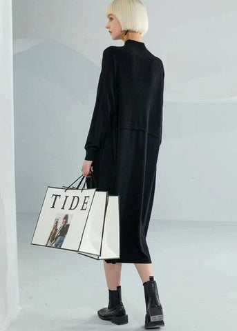 Vestido tipo suéter de punto de lana lisa con cuello de tortuga y patchwork de color chocolate bohemio y manga larga 