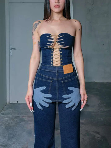 TARUXY Metal Chain Crop Top Women Y2k Fashion Hollow Out Sexy Tank Tops Female 2023 Club Sexy Slim Denim Tops For Woman Clothing