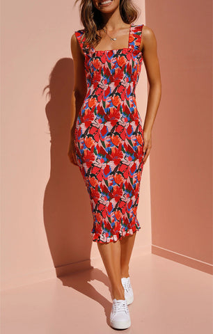 Sexy Vintage Floral Flounce Square Collar Wrapped  Dresses
