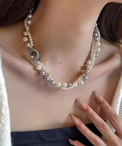 Collar de plata de ley con bloques de color y circonitas de doble capa con perlas cuadradas y cuentas calibradas para mujer 