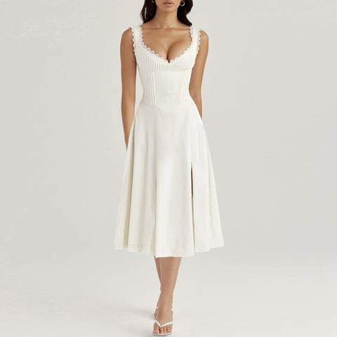Strap Dress Women Summer Elegant Lace V Neck Fitted Waist Backless Lace Up Midi Dress – Best Summer Dress for Women