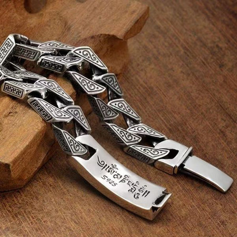 Sterling Silver Six Character Truth Vajra Pestle Protection Curb Chain Bracelet