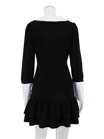 Tossy Vintage Kontrast Mini Kleid Weibliche Rüschen Patchwork Revers Elegante Club Kleid Bandage Langarm Mode Dünnes Kleid 2023 