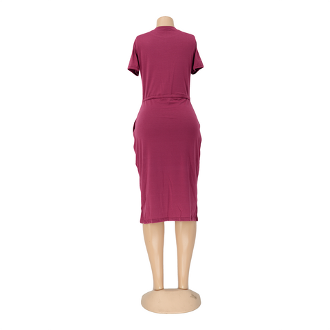 Vestido midi básico de color liso con cintura elástica y manga corta: vestido cómodo y elegante para mujer. 