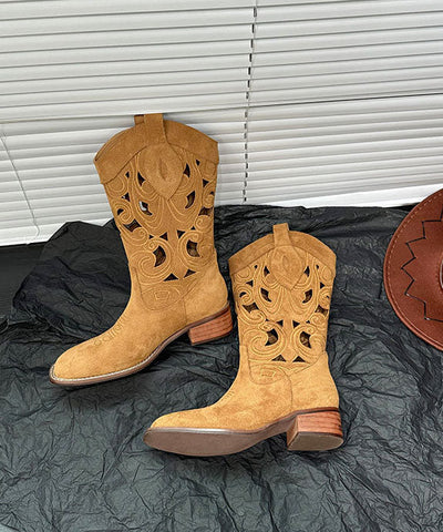 Stil Aushöhlen Stickerei Chunky Stiefel Braun Rindsleder 