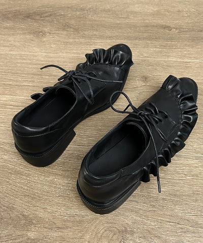 Original Design Black Ruffled Lace Up Splicing Flat Feet Shoes